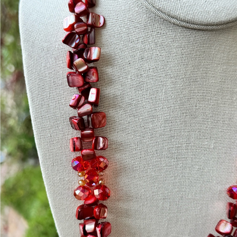 Bold Red Shell & Crystal Beaded Statement Necklace - image 5